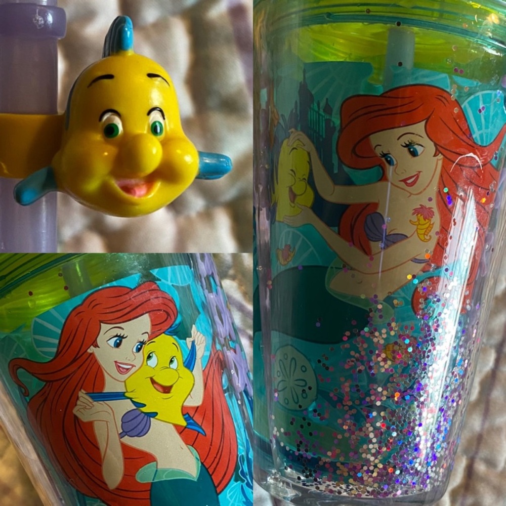 Rare Disney Little Mermaid Ariel Flounder Glitter Travel Tumbler Cup Lid